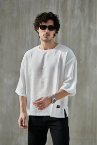 Erkek Fakir Kol Oversize Keten Görünümlü T-shirt